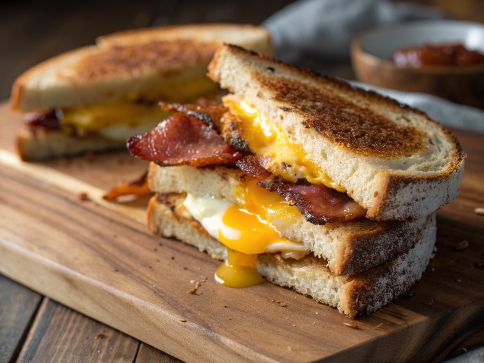 Grilled sandwich with bacon and egg