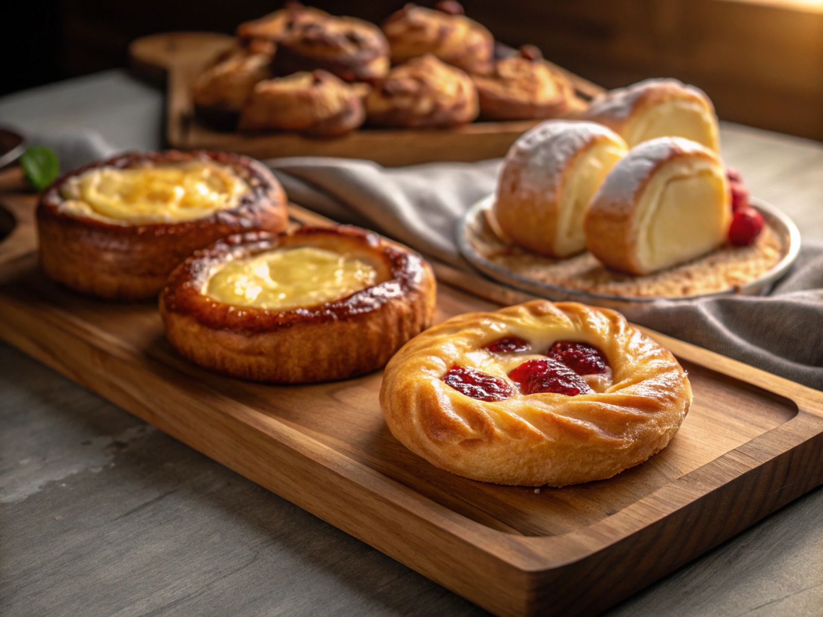 Pastries and danishes on a wooden board