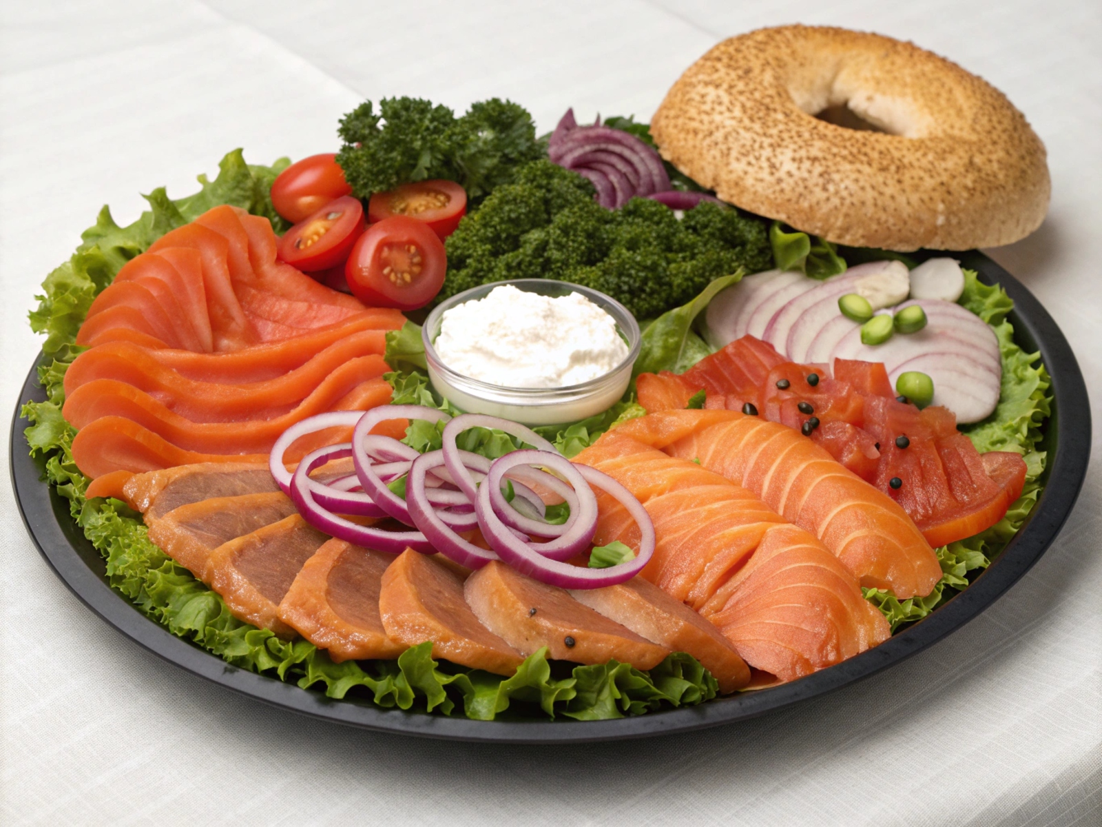Smoked fish platter with bagel and cream cheese